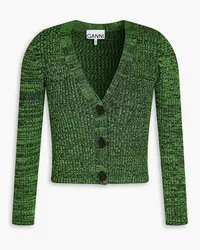 Ganni Cropped Cardigan aus meliertem Rippstrick Grün