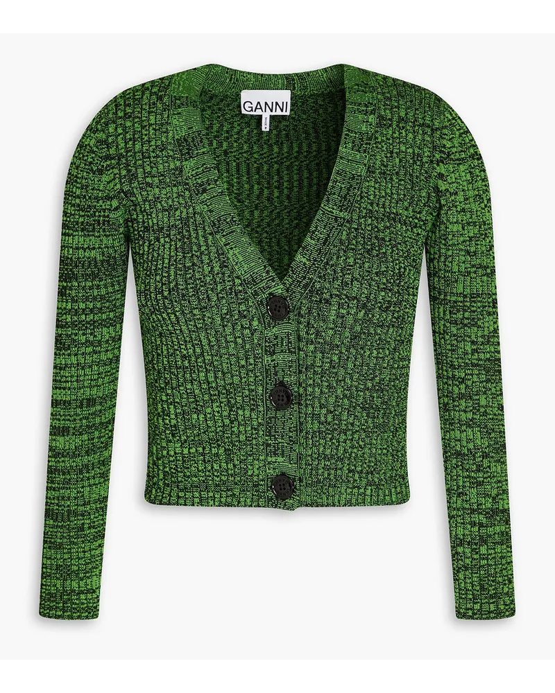 Ganni Cropped Cardigan aus meliertem Rippstrick Grün