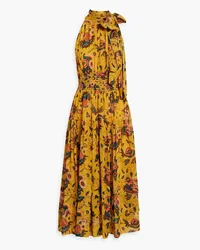 Ulla Johnson Maya Midikleid aus Seidenchiffon mit floralem Print und Raffung Gelb