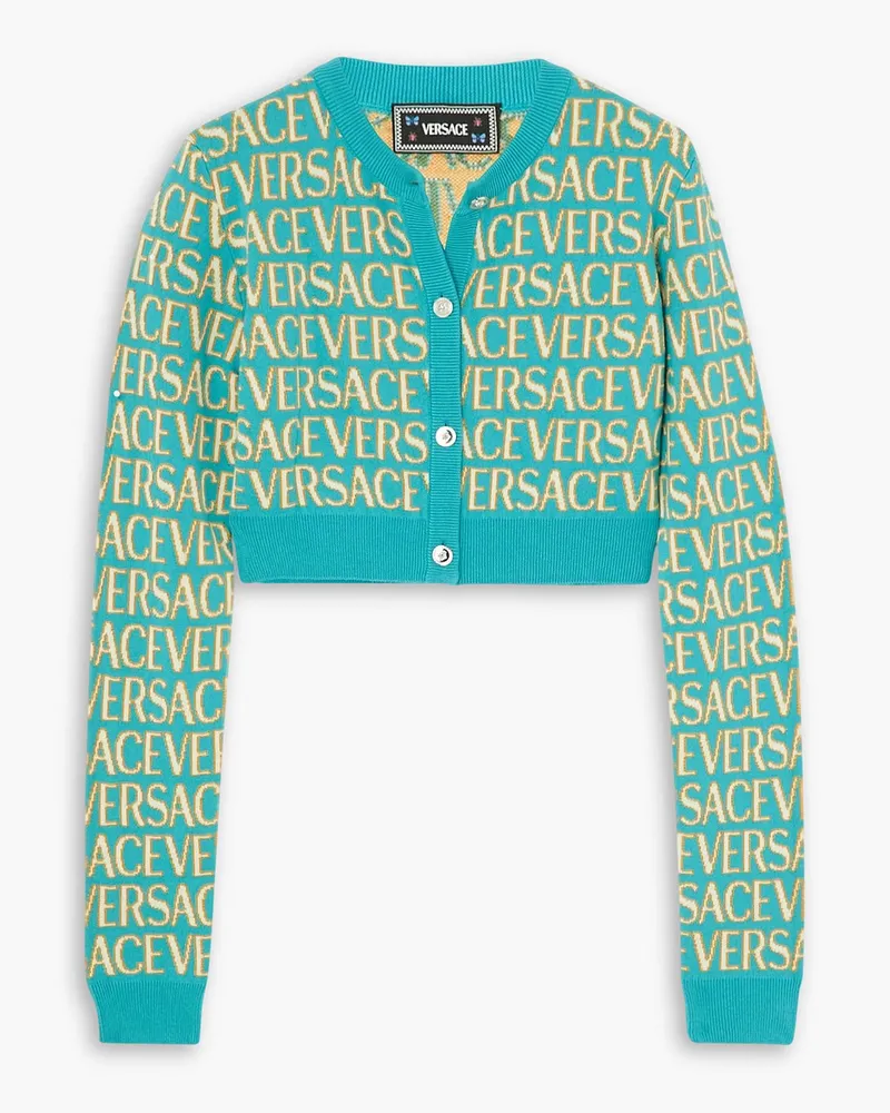 Versace Dua Lipa verkürzter Cardigan aus einer Baumwollmischung inJacquard-Strick Blau