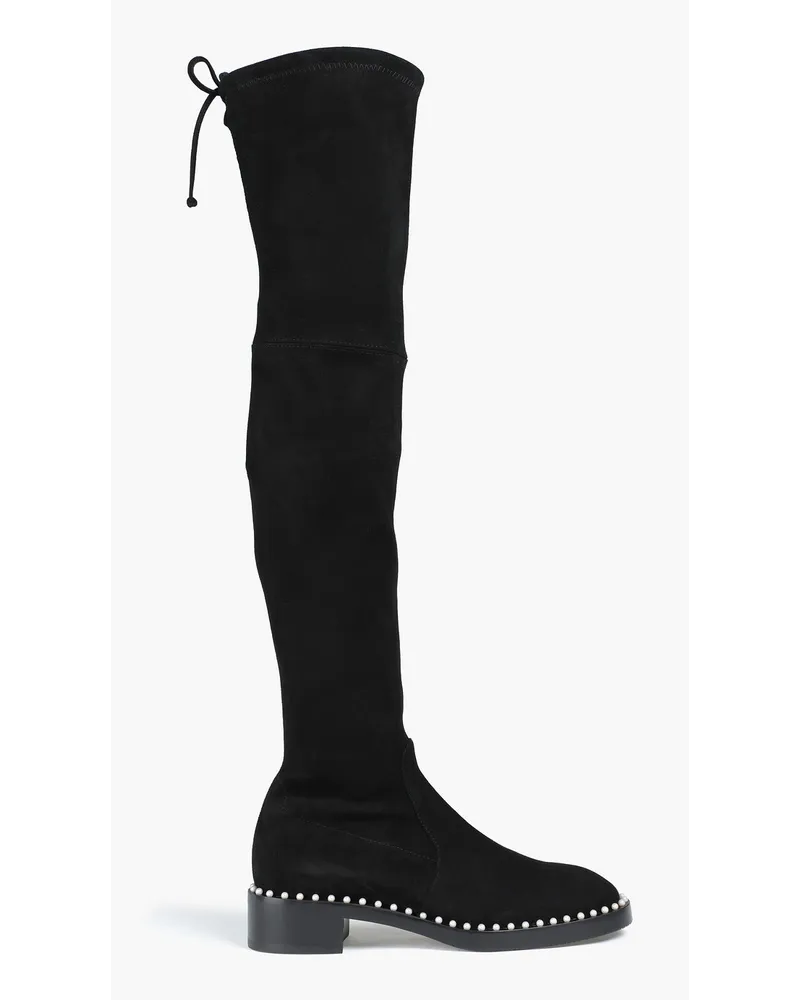 Stuart Weitzman Lowland Overknees aus Stretch-Veloursleder mit Verzierung Schwarz