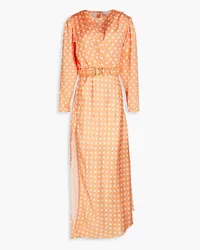 Ronny Kobo Plissiertes Maxikleid aus Satin mit Polka-Dots Orange