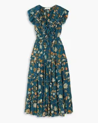 Ulla Johnson Arisa Maxikleid aus Crêpe de Chine mit floralem Print, Metallic-Effekt und Rüschen Blau