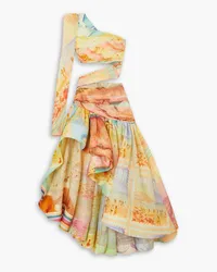 Zimmermann Asymmetrisches Maxikleid aus Organza aus einer Leinen-Seidenmischung mit Print und asymmetrischer Schulterpartie Gelb