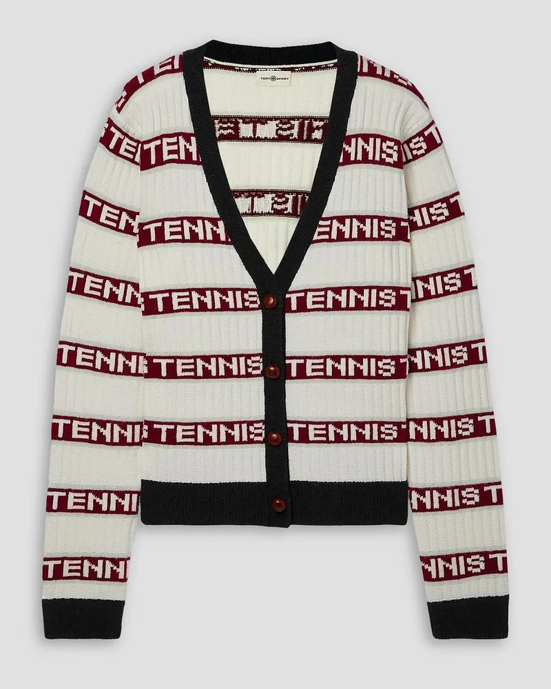 Tory Sport Cardigan aus geripptem Jacquard-Strick aus einer Wollmischung Weiß