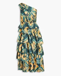 Ulla Johnson Auryn bedrucktes Midikleid aus Seiden-Twill mit asymmetrischer Schulterpartie Gelb