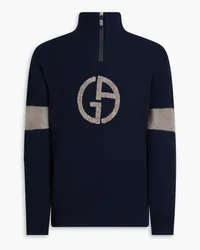 Giorgio Armani Pullover aus Jacquard-Strick aus einer Baumwoll-, Woll-Kaschmirmischung mit halblangem Reißverschluss Blau