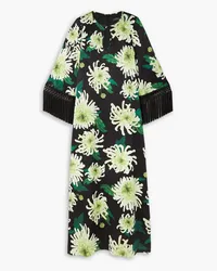 Andrew GN Robe aus Seidensatin mit Blumenprint, Fransen und Cut-out Schwarz