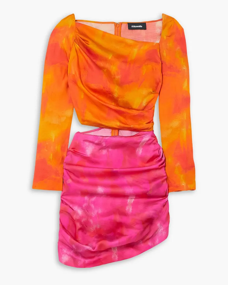 AHLUWALIA Femi asymmetrisches Minikleid aus bedrucktem Satin mit Cut-outs Orange