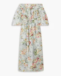 Adam Lippes Bardot schulterfreies Maxikleid aus Seide mit Blumenprint und Bindegürtel Blau