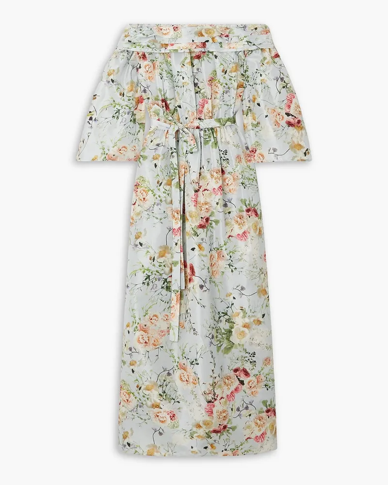 Adam Lippes Bardot schulterfreies Maxikleid aus Seide mit Blumenprint und Bindegürtel Blau