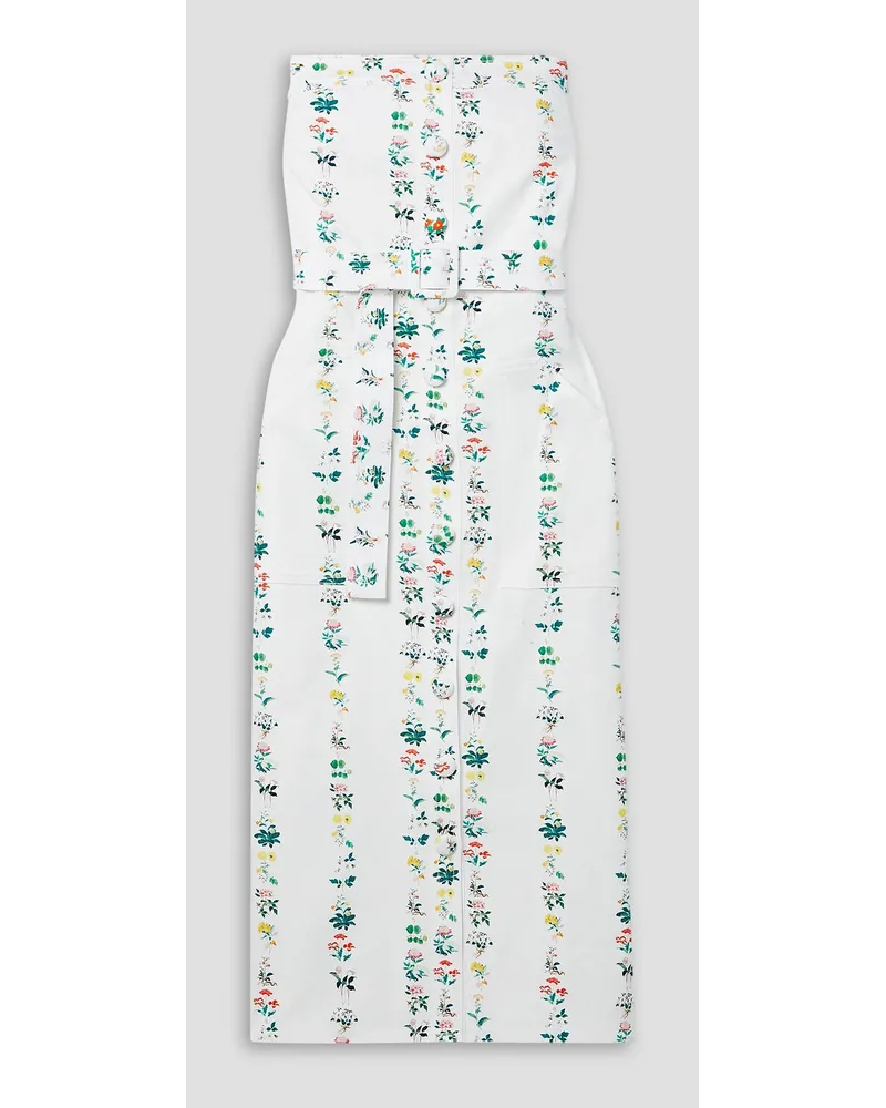 Adam Lippes Trägerloses Midikleid aus Twill aus einer Baumwollmischung mit Blumenprint und Gürtel Weiß