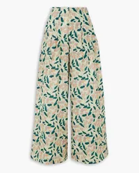 AGUA BENDITA Piñon Hose mit weitem Bein aus Leinen mit Blumenprint und Falten Grün