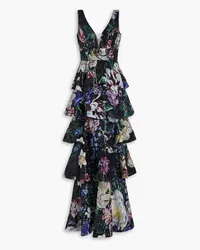 Marchesa Gestufte Robe aus Chiffon mit floralem Print und Verzierung Schwarz