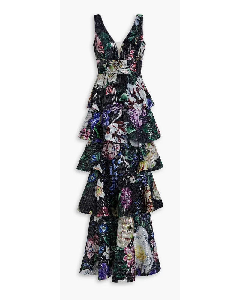 Marchesa Gestufte Robe aus Chiffon mit floralem Print und Verzierung Schwarz