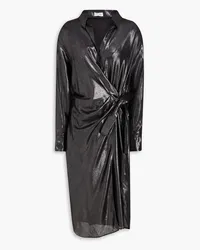 Brunello Cucinelli Midi-Wickelkleid aus Crêpe mit Metallic-Effekt und Zierperlen Schwarz