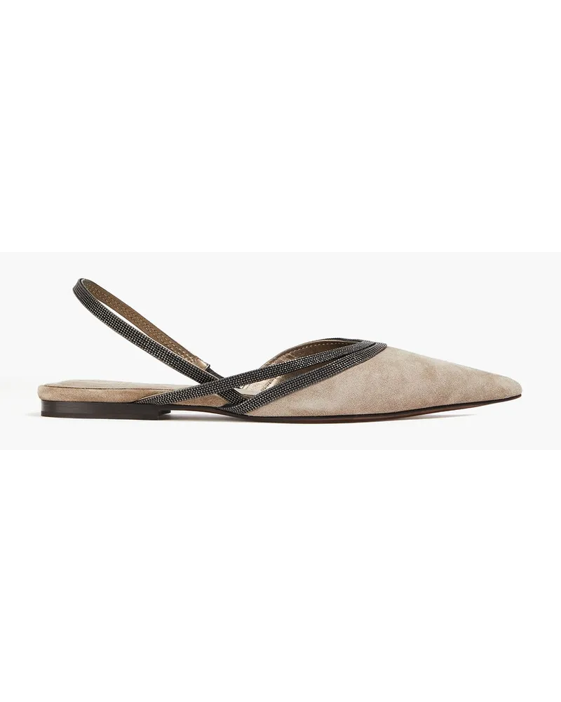 Brunello Cucinelli Flache Slingback Schuhe Aus Veloursleder Mit Spitzer Kappe Und Zierperlen Neutral