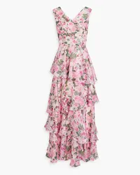 Mikael Aghal Gestufte Robe aus Habotai-Seide mit floralem Print Pink