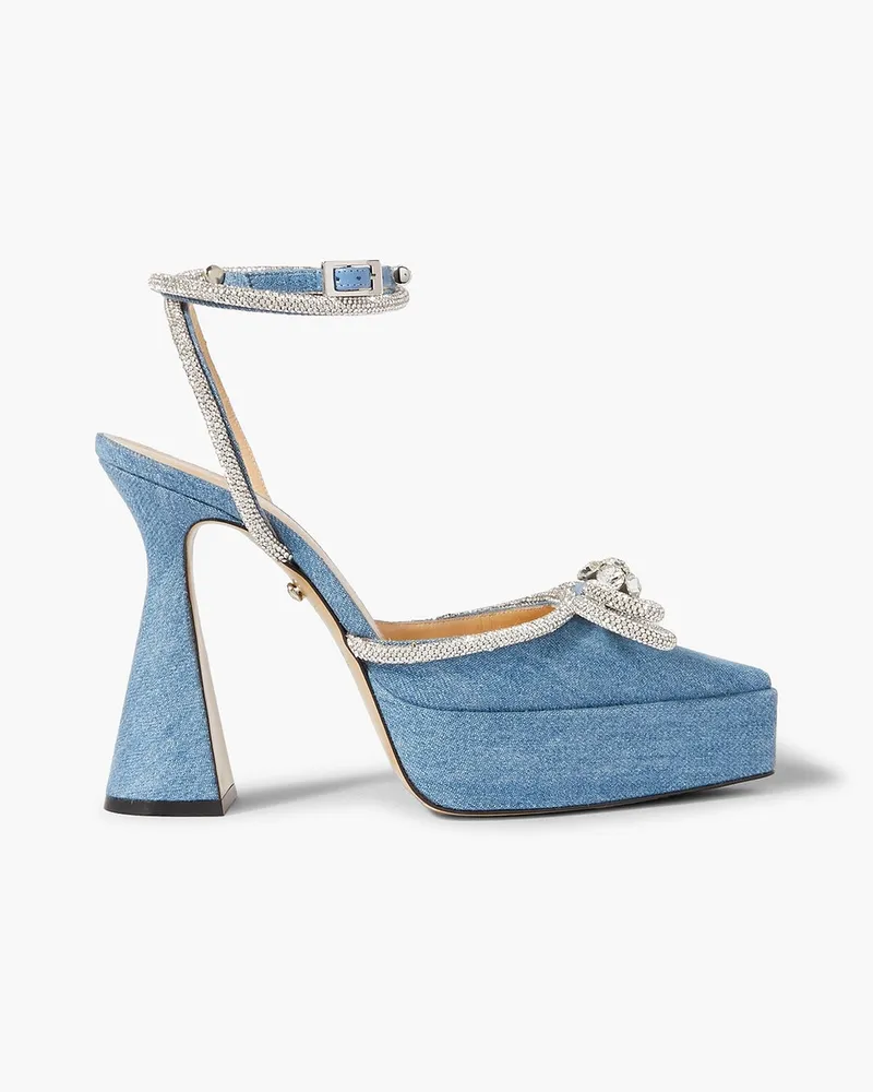 Mach & Mach Double Bow Plateaupumps aus Denim mit Kristallen Blau