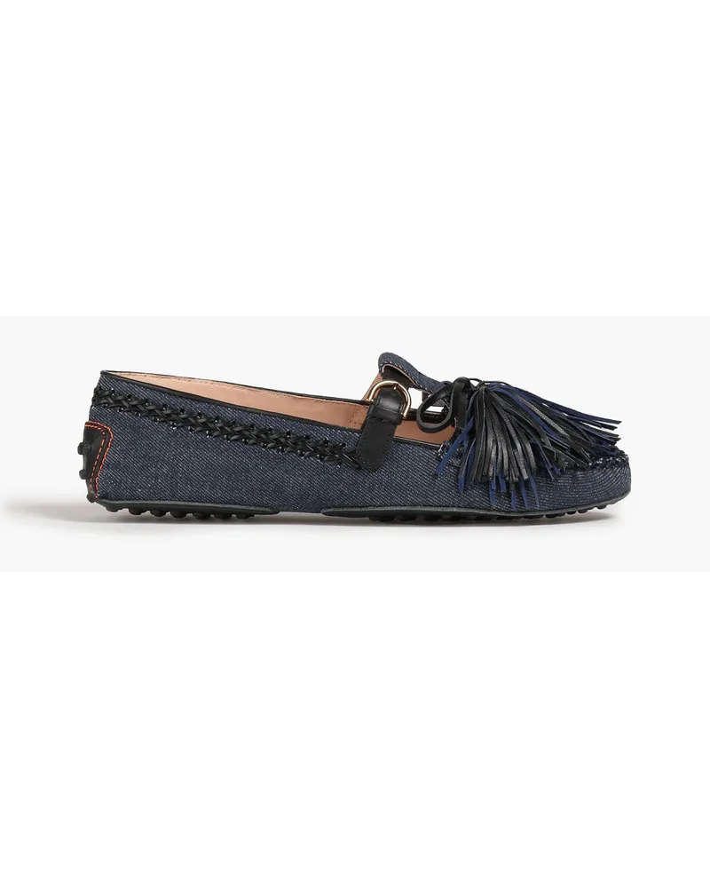 TOD'S Loafers aus Denim mit Cut-outs und Pompons Blau