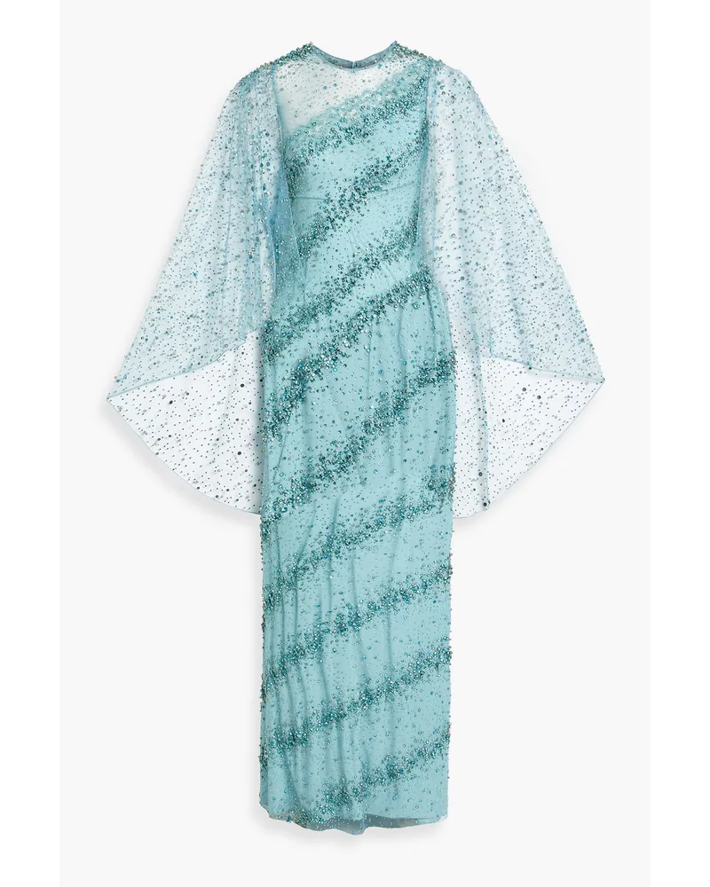 Jenny Packham Robe aus Tüll mit Kristallverzierung und Cape-Effekt Blau