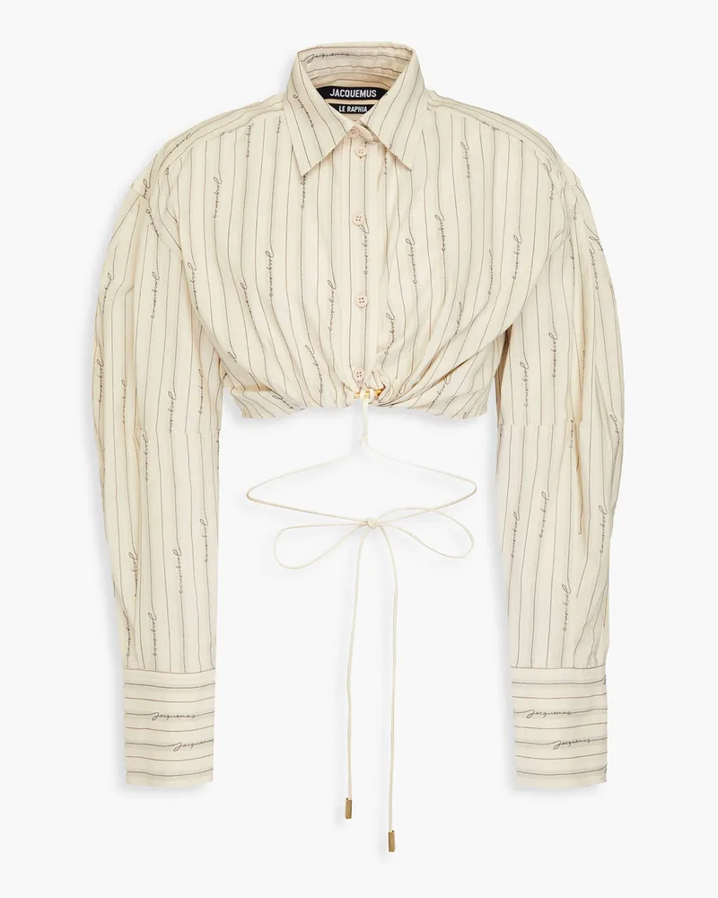 Jacquemus Cropped embellished striped cotton-jacquard shirt Neutral