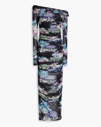 NICHOLAS Oaklyn schulterfreies Maxikleid aus Stretch-Mesh mit floralem Print Schwarz