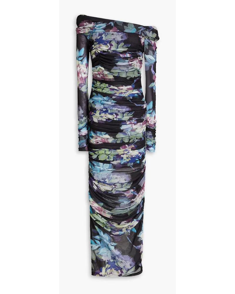 NICHOLAS Oaklyn schulterfreies Maxikleid aus Stretch-Mesh mit floralem Print Schwarz