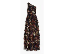 Gestufte Robe aus Devoré-Satin mit floralem Print und asymmetrischer Schulterpartie