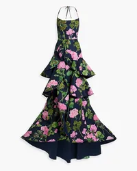 Oscar de la Renta Gestufte Neckholder-Robe aus Faille mit floralem Print Blau