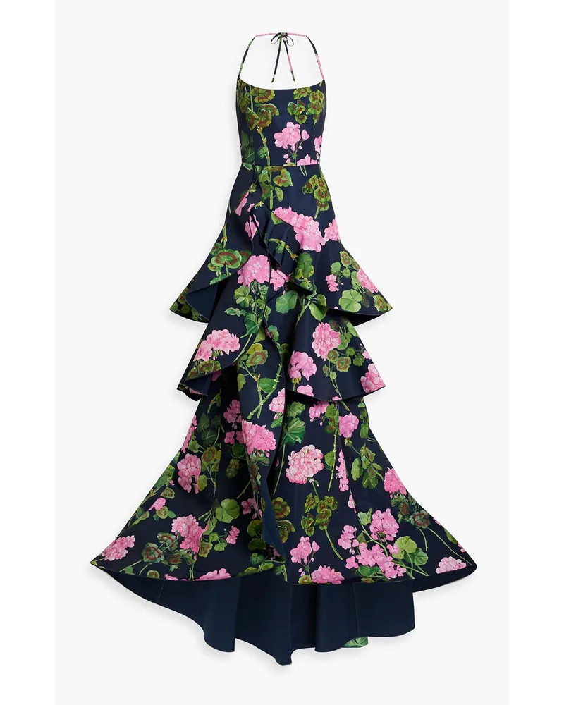 Oscar de la Renta Gestufte Neckholder-Robe aus Faille mit floralem Print Blau