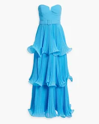 Badgley Mischka Gestufte, trägerlose Robe aus plissiertem Chiffon Blau