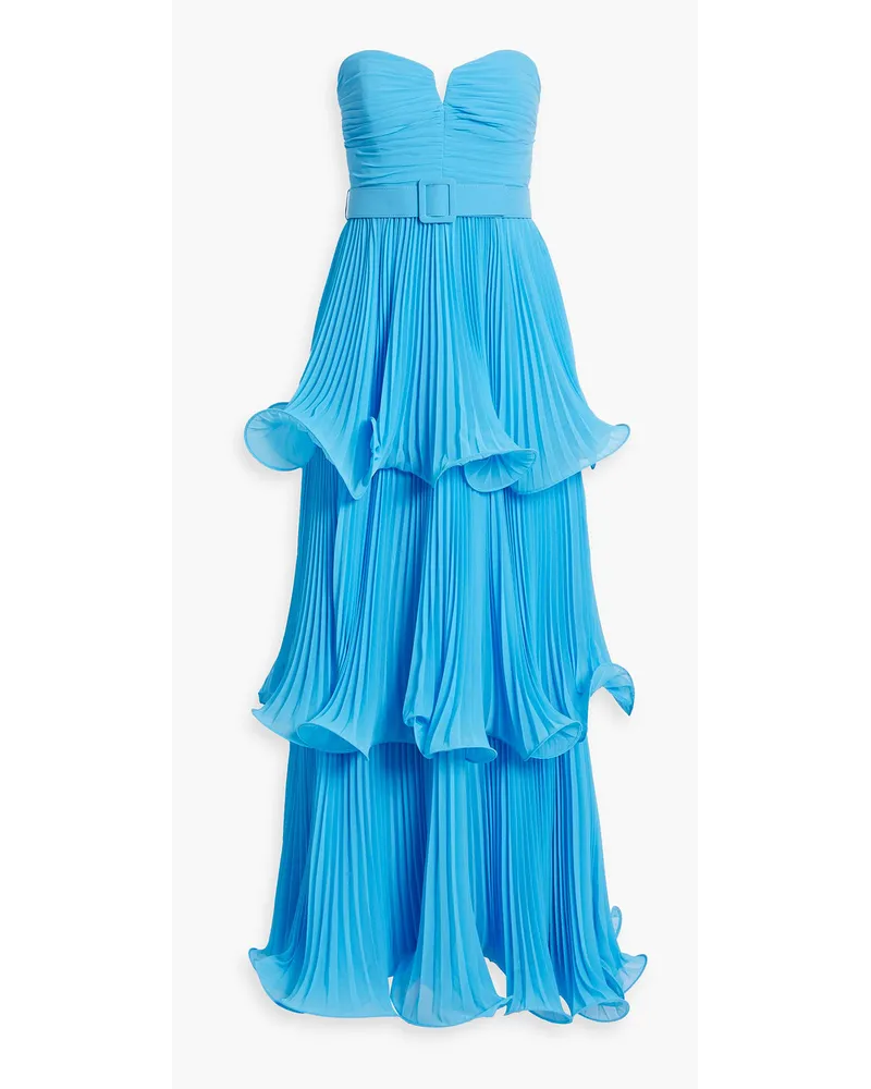 Badgley Mischka Gestufte, trägerlose Robe aus plissiertem Chiffon Blau