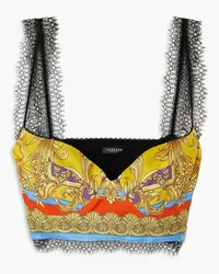 Versace Bustier aus bedrucktem Seiden-Twill mit Spitzenbesätzen Gelb