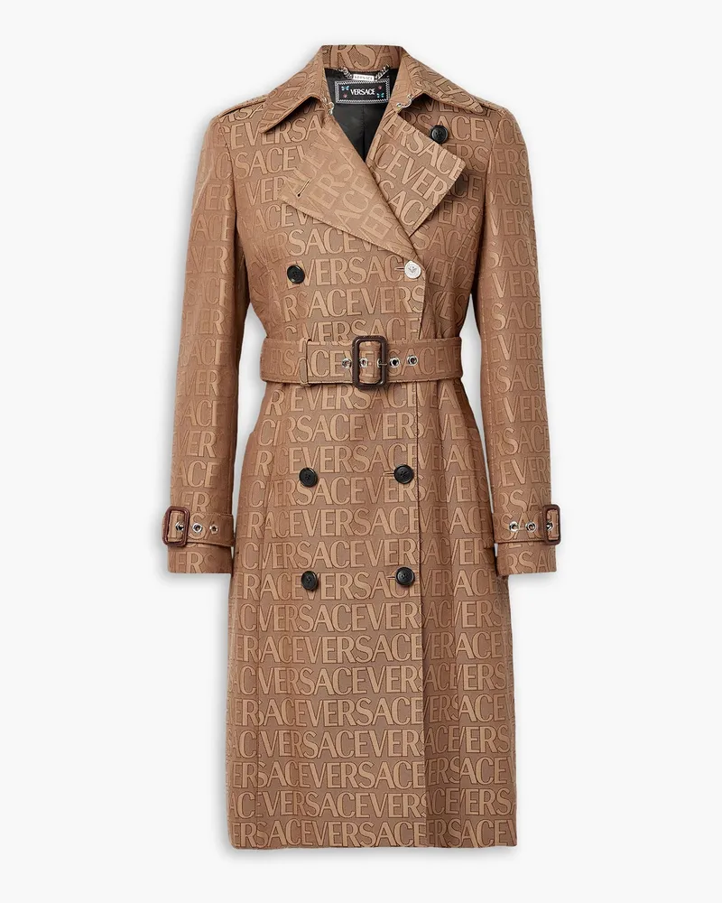 Versace Doppelreihiger Trenchcoat aus Jacquard mit Gürtel Braun