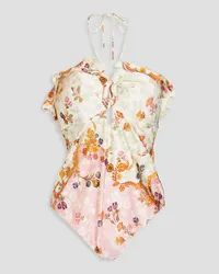 Zimmermann Ruffled floral-print halterneck swimsuit Weiß