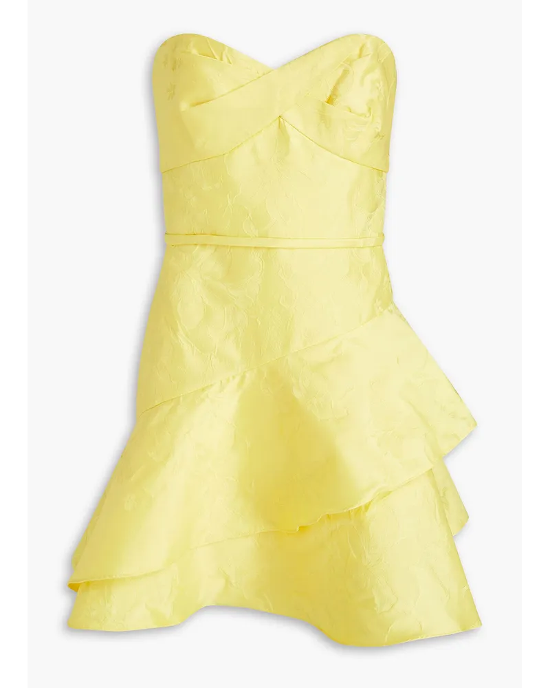 Monique Lhuillier Gestuftes, trägerloses Minikleid aus glänzendem Jacquard Gelb