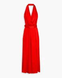 NICHOLAS Lacey belted wrap-effect satin-crepe halterneck gown Rot