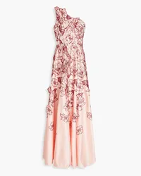 Marchesa Robe aus Duchesse-Satin mit Stickereien und asymmetrischer Schulterpartie Pink