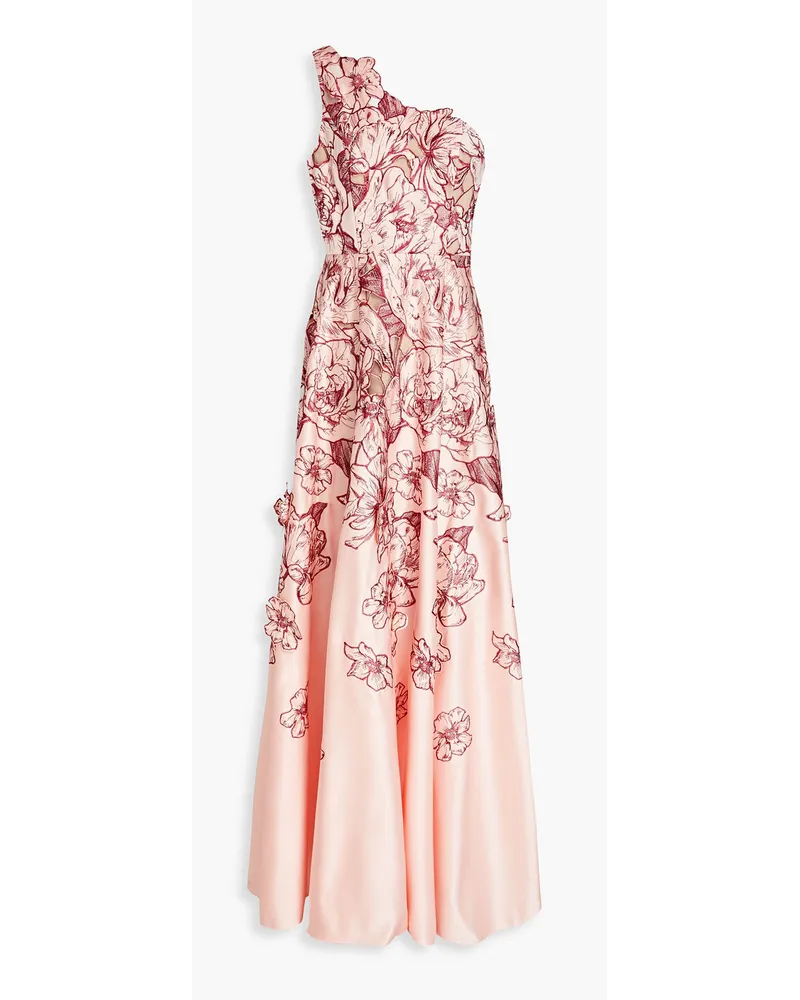 Marchesa Robe aus Duchesse-Satin mit Stickereien und asymmetrischer Schulterpartie Pink