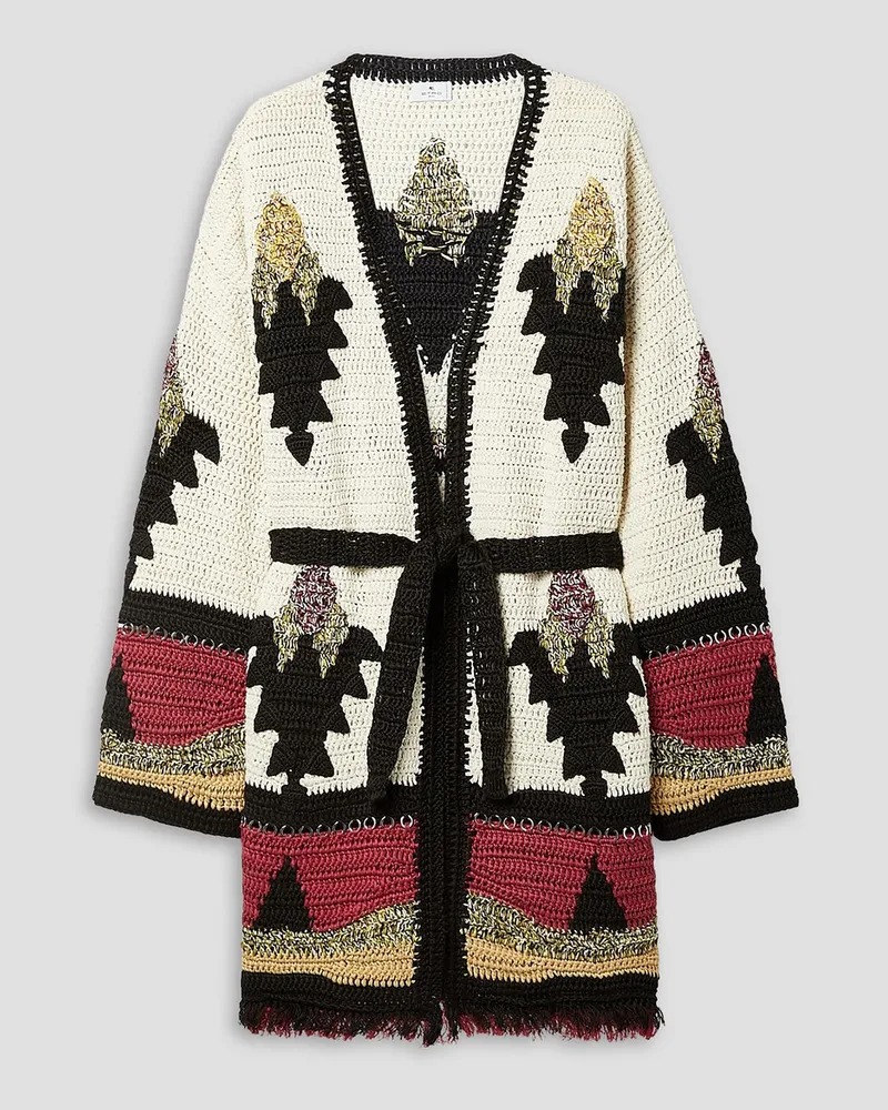 Etro Verzierter Cardigan einer Leinen-, Seiden-Baumwollmischung mit Intarsienmuster und Gürtel Weiß