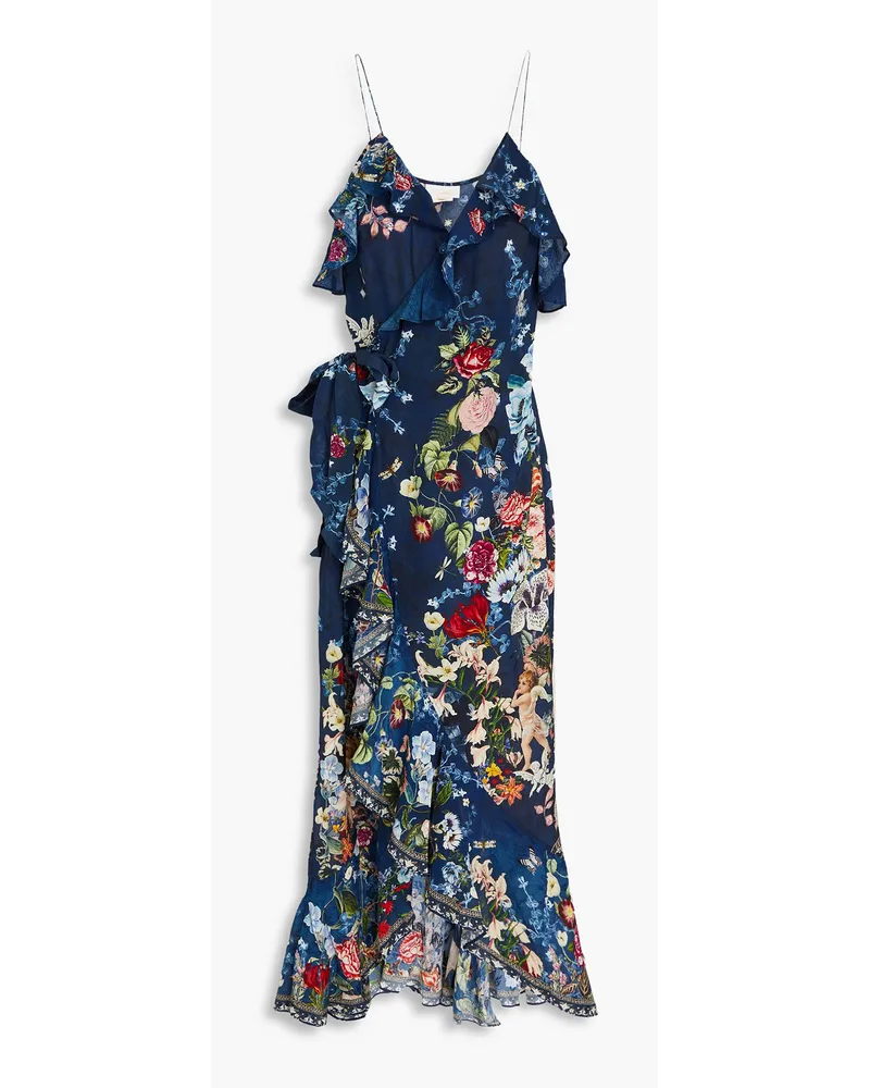 Camilla Verziertes Maxikleid aus Crêpe de Chine aus Seide mit Blumenprint und Rüschen Blau