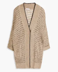 Brunello Cucinelli Cardigan aus Lochstrick aus einer Leinen-Seidenmischung mit Pailletten Neutral