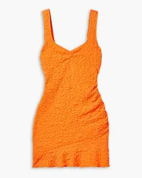 LoveShackFancy Bartlette Minikleid aus neonfarbenem Cloqué mit Raffungen Orange