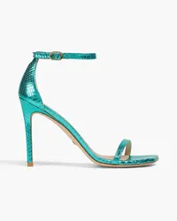 Stuart Weitzman Sandalen aus Metallic-Leder mit Schlangeneffekt Blau