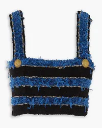 Balmain Bustier aus gestreiftem Bouclé mit Zierknöpfen Blau