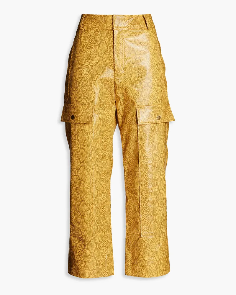 REJINA PYO Cropped Cargohose aus Kunstleder mit Schlangeneffekt Gelb