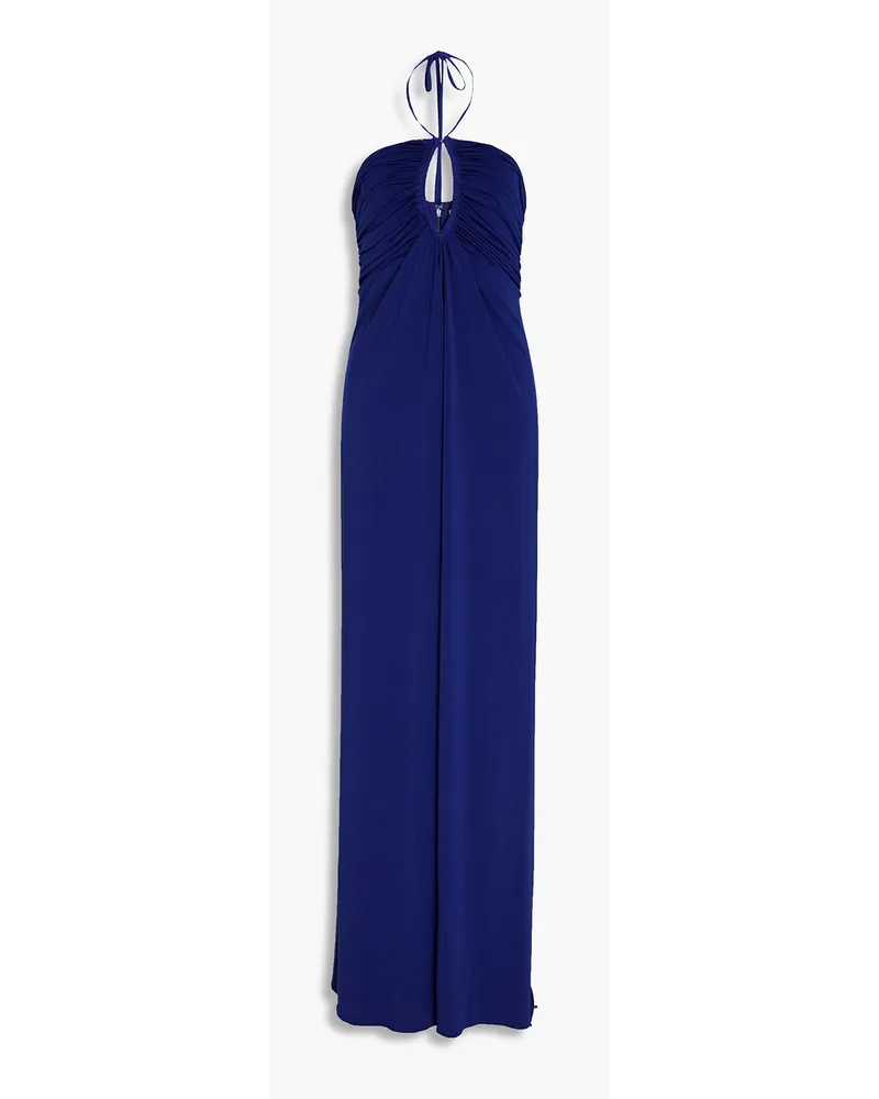 Halston Geraffter Neckholder-Jumpsuit mit weitem Bein aus Jersey Blau