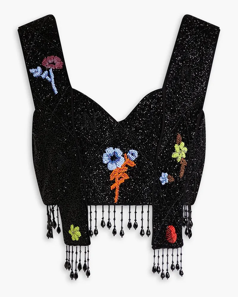 Ganni Cropped Bustier-Oberteil aus Crêpe mit Zierperlen und Fransen Schwarz