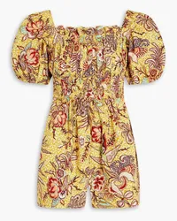 Ulla Johnson Bedruckter Playsuit aus Baumwollpopeline mit Raffung Gelb